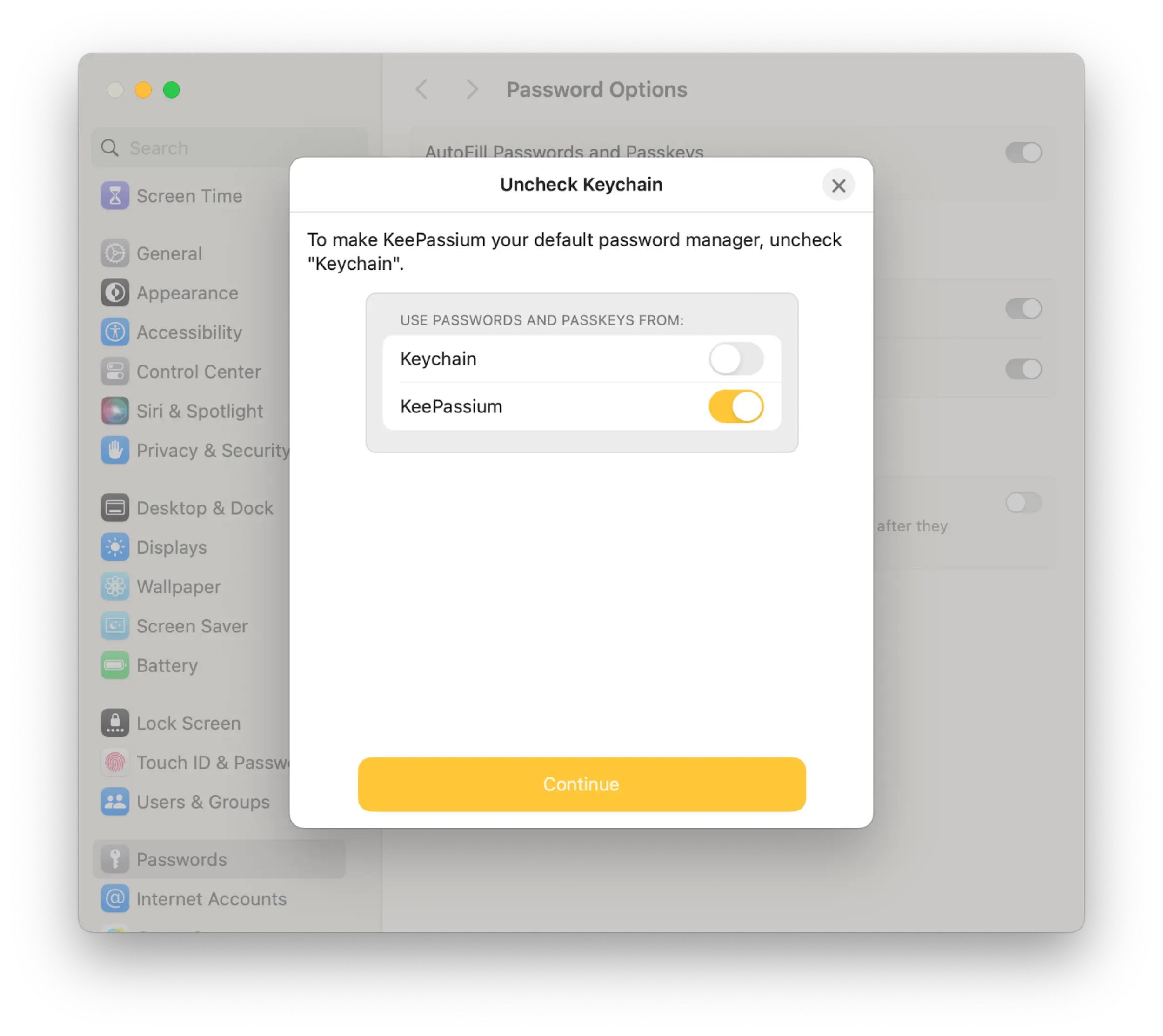 Screenshot from the macOS app showing a setting popup to "Uncheck Keychain" with the option to enable KeePassium instead.
