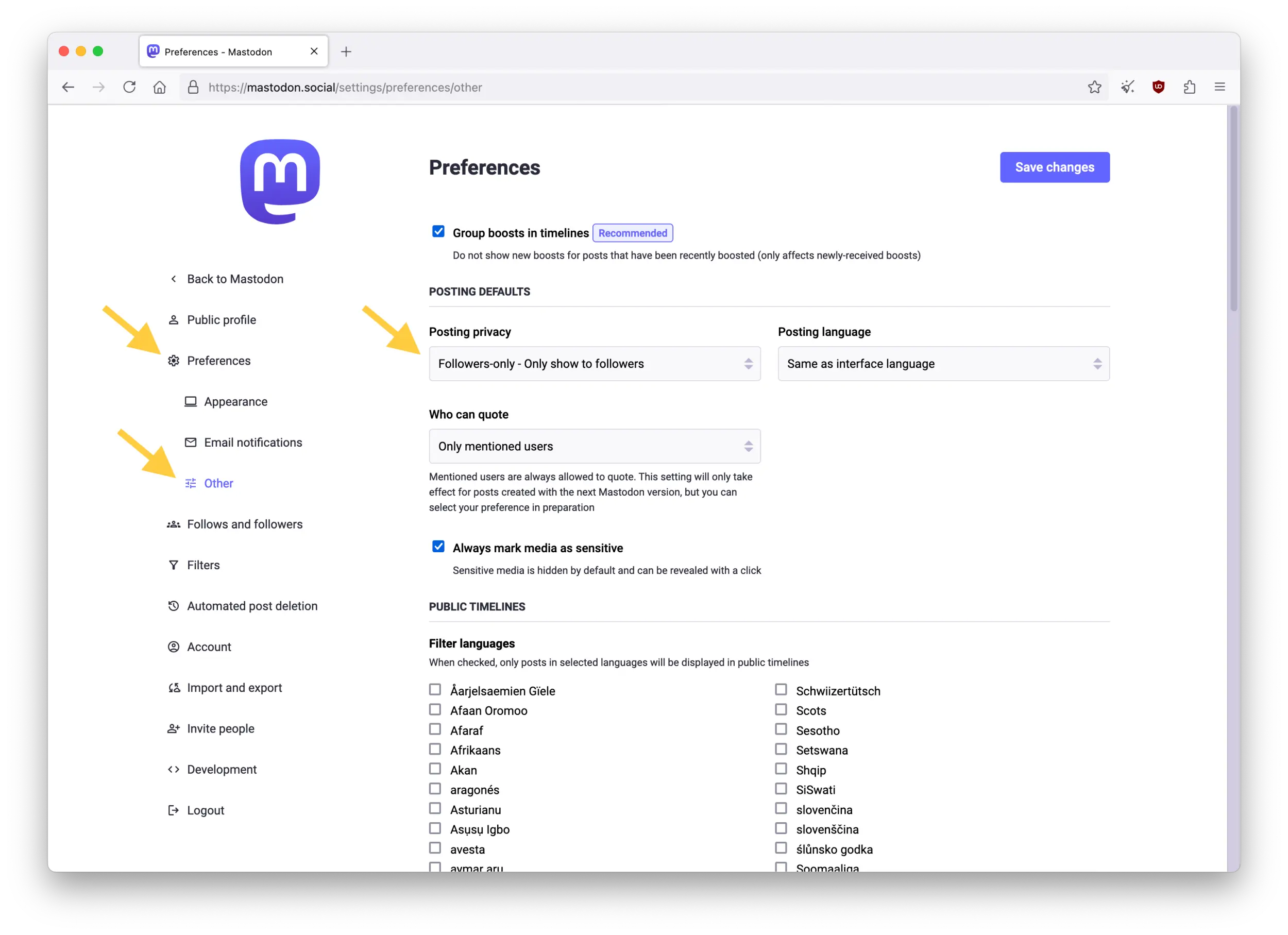 Screenshot of the Mastodon web interface showing the "Preferences" page in Preferences.